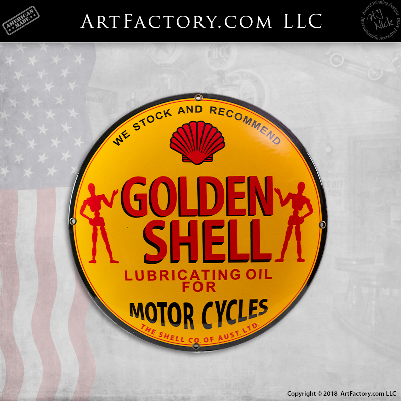 Golden Shell Vintage Motorcycle Lubricating Oil Porcelain Sign