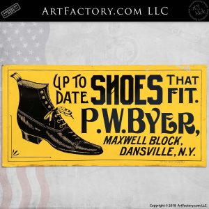 Vintage P.W.Byer Shoes Dansville NY Tin Litho Sign