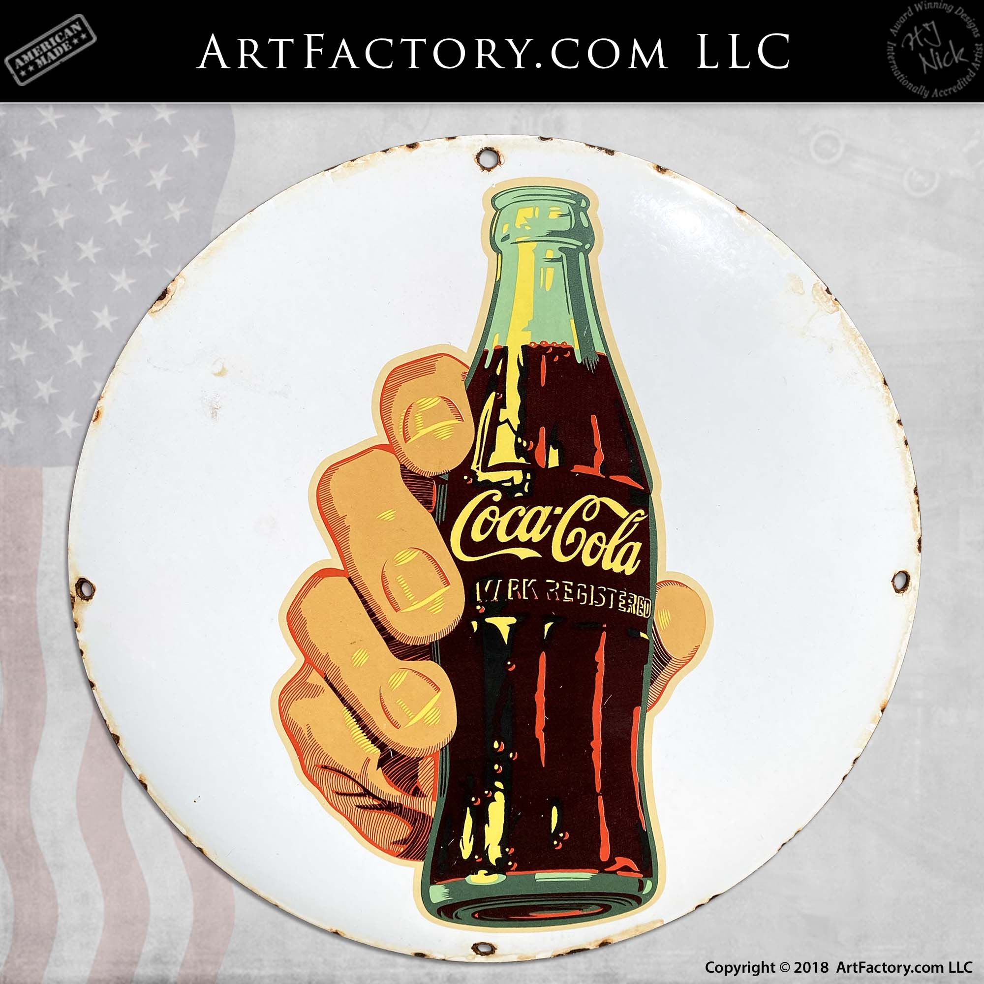 Coke Bottle Round Sign: Coca-Cola 12 Inch Vintage Porcelain Button