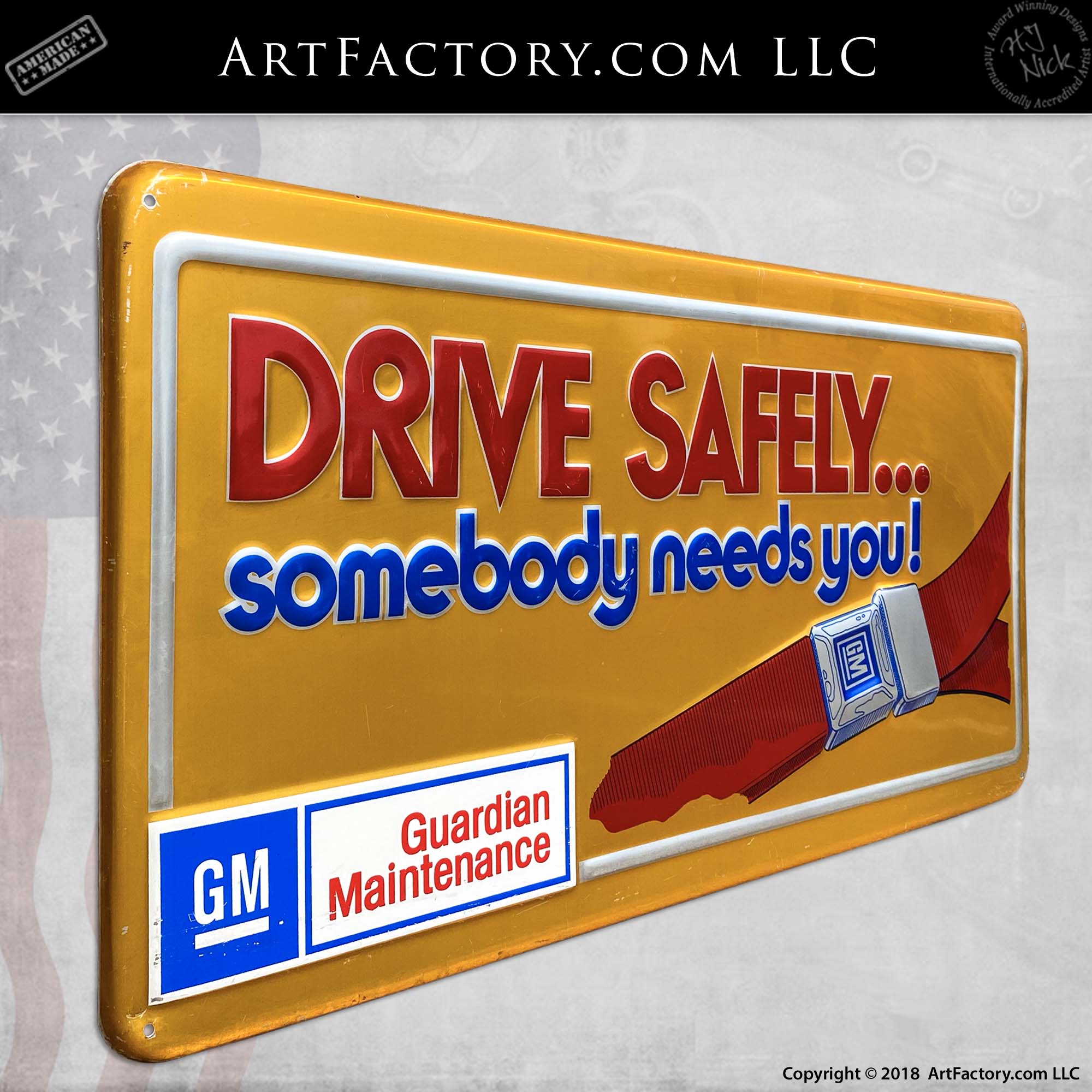 Vintage GM Drive Safely Seatbelt Embossed Tin Sign