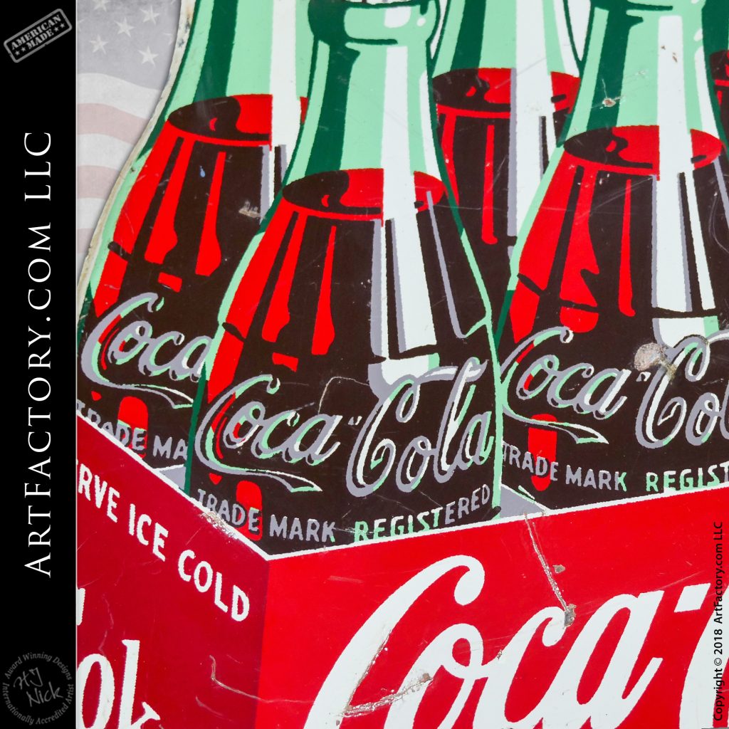 Vintage Coca Cola Sign: Original 1940's Die Cut Porcelain 6 Pack