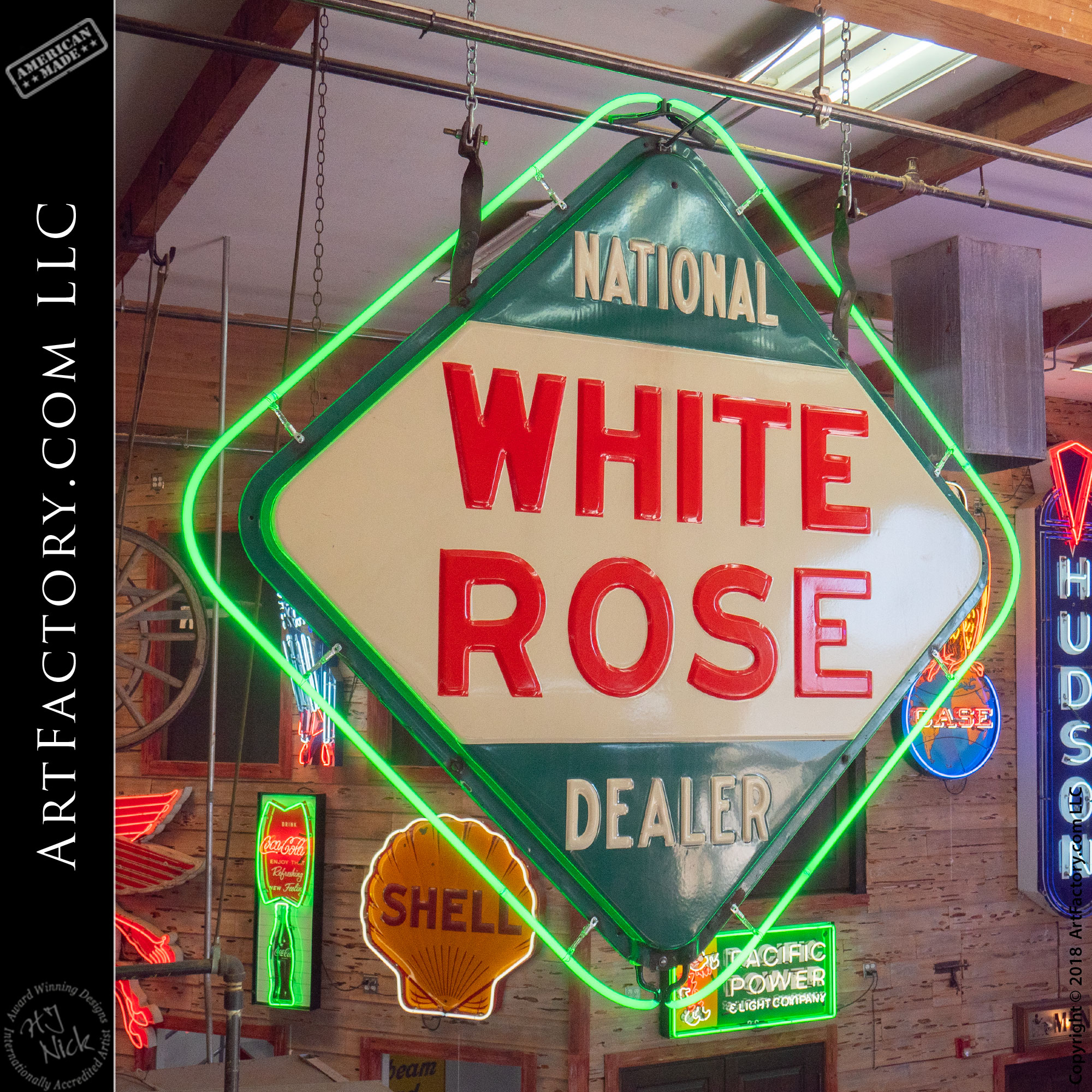 Vintage National White Rose Green Neon Sign