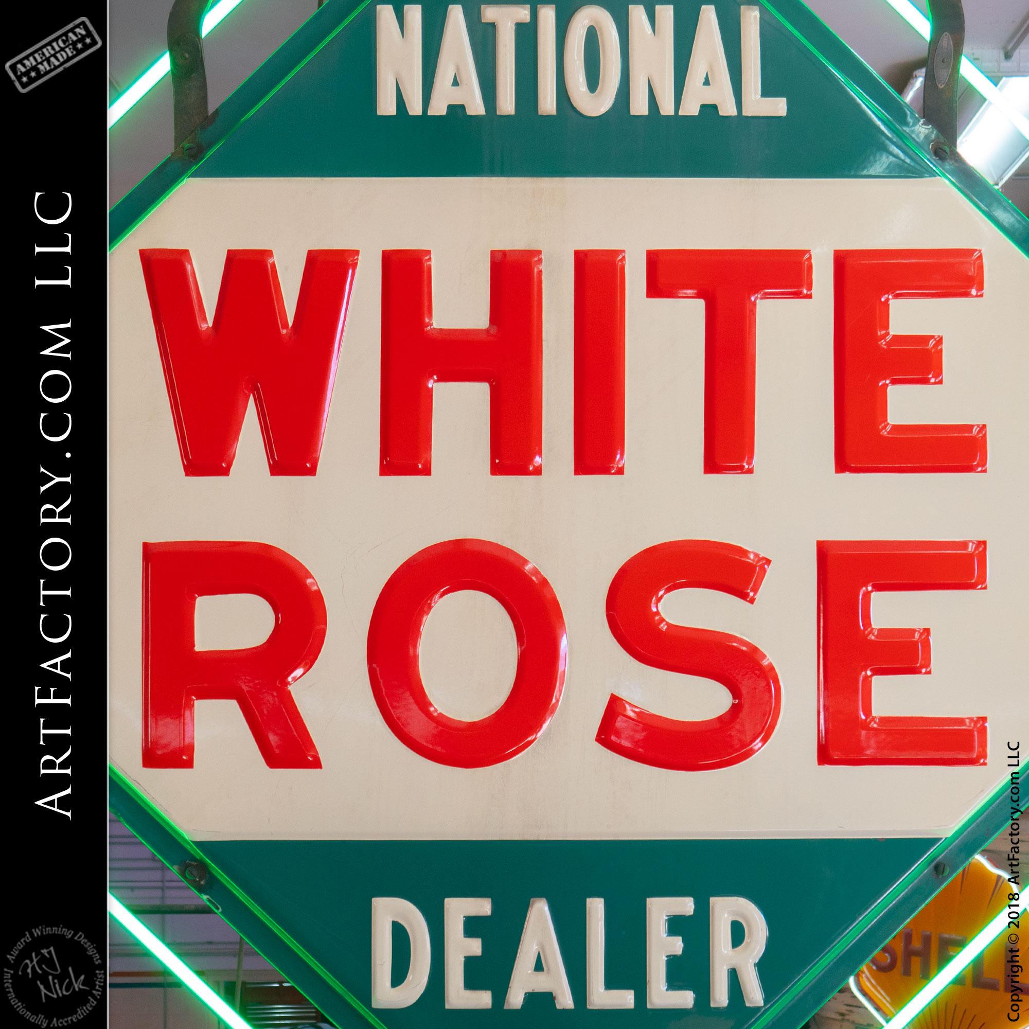 Vintage National White Rose Green Neon Sign