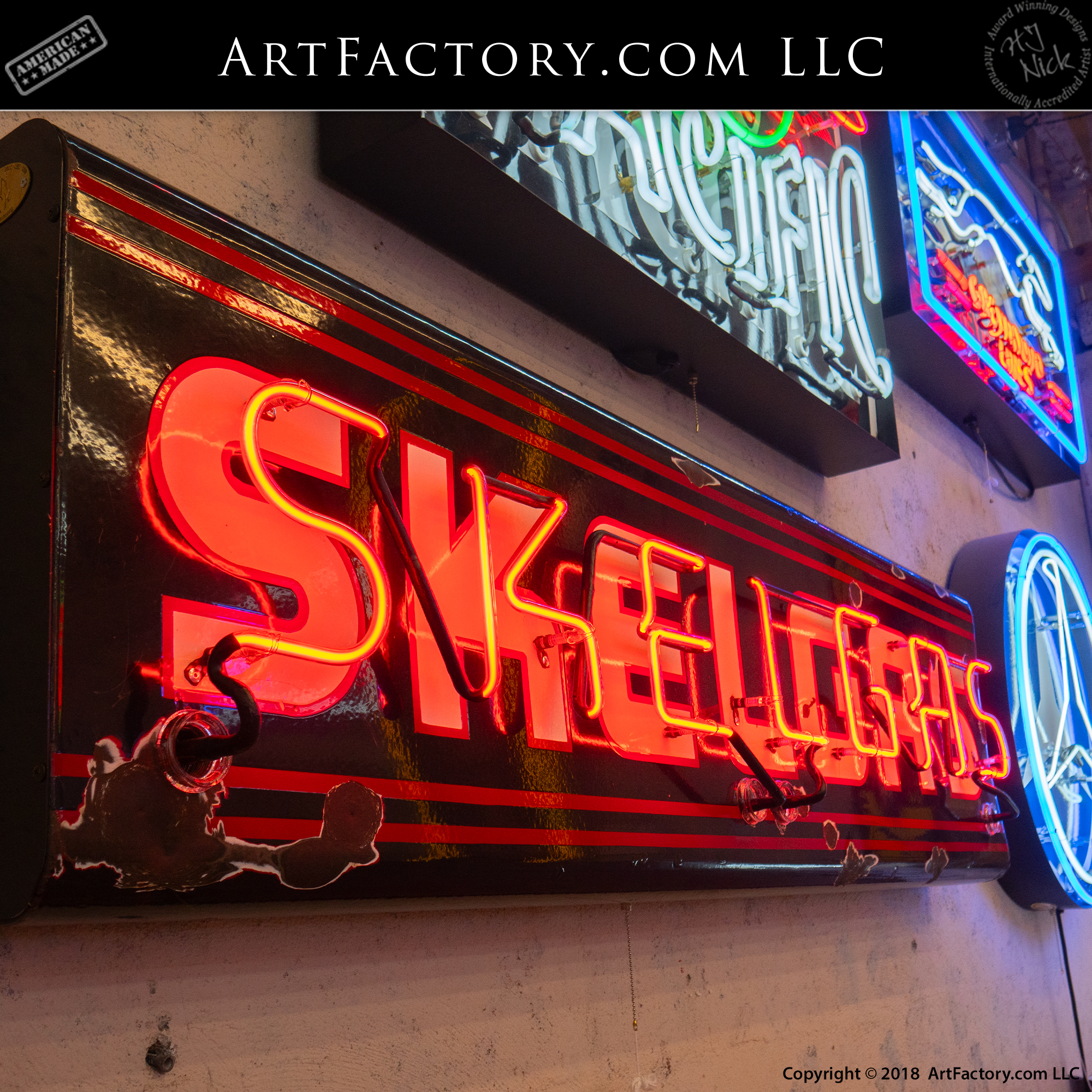 Vintage Skelgas Neon Sign angled close up