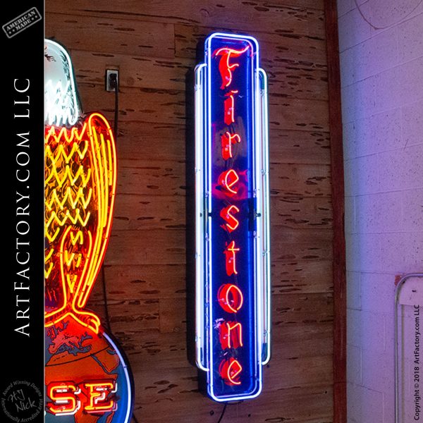 vintage rare Firestone neon sign lit