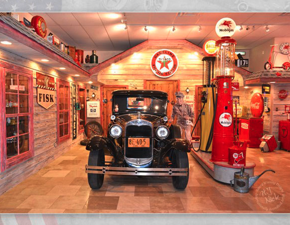 Classic automobile with restored gasoline pumps