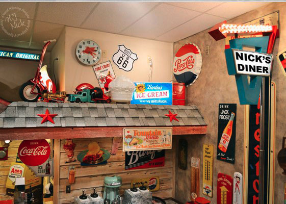 Nick's Diner signs and roadside memorabilia